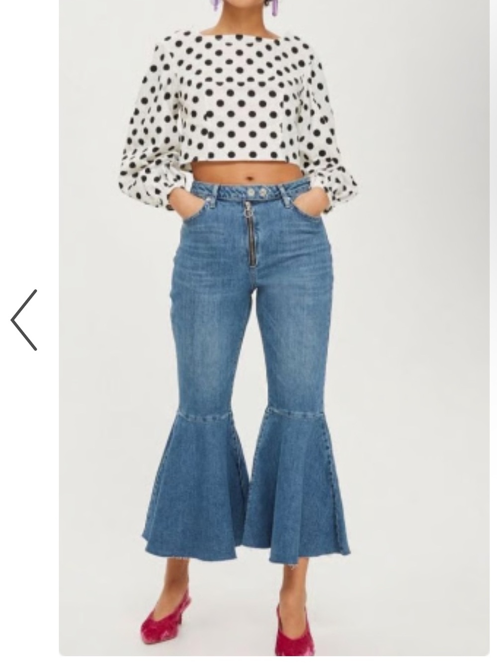 Topshop Blue High-Rise Flare Jeans with Dramatic Ruffled Hem